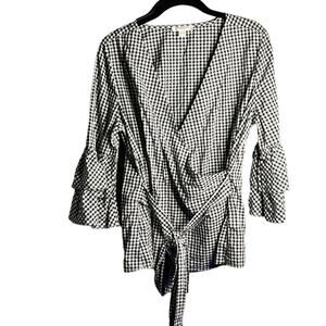 Beach Lunch Lounge Black and White Gingham Belted Wrap Shirt Size XS